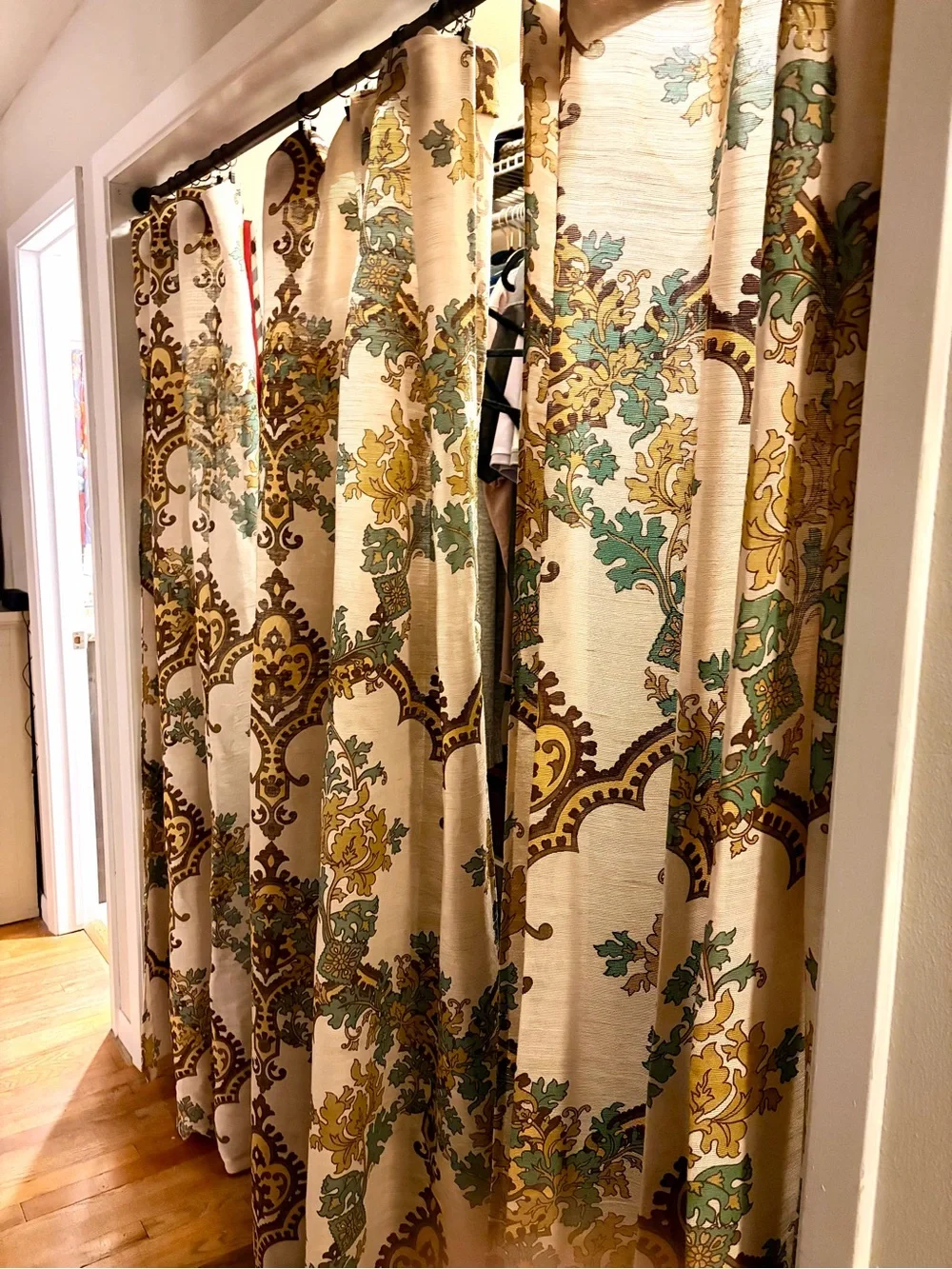 4 panels! World Market Cream Curtains with Teal and Brown Damask Pattern!